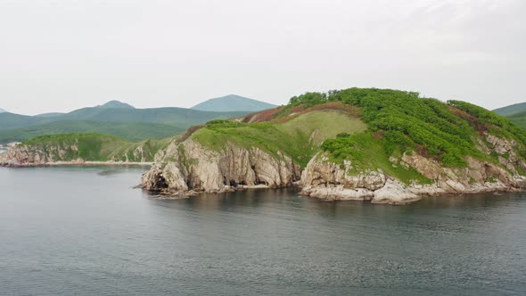 Drone View of the Rocks and Grottoes of Cape Kuzmin in the Gulf of Vladimir