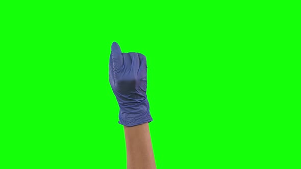 Touch Screen Finger Gestures. Woman Hand in Blue Glove. Green Screen. Chromakey. Hand Touching Like