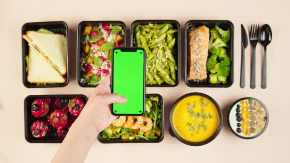 Food Delivery Top View Take Away Meals in Disposable Containers