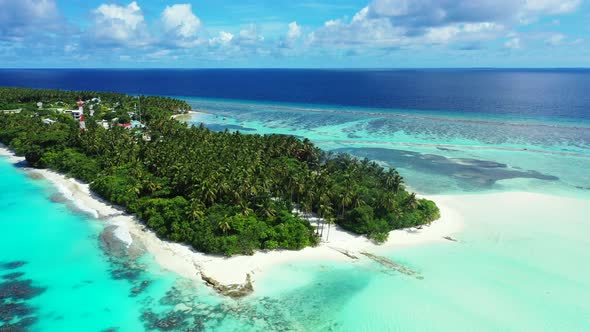 Tropical flying abstract view of a white sandy paradise beach and blue sea background 