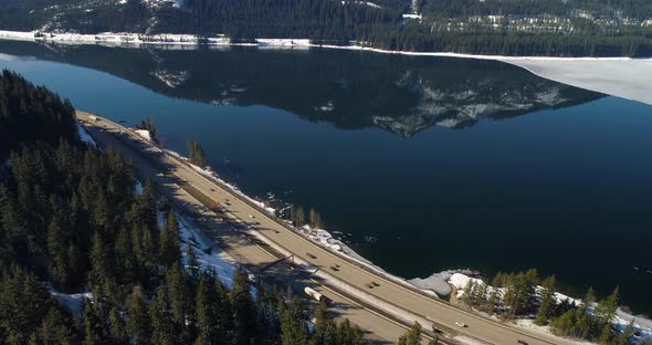 Interstate 90 Highway Traffic Crossing Snoqualmie Pass Lake Keechelus