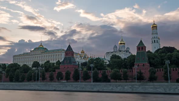 Sunset Clouds above Grand Kremlin Palace, and Churches of Moscow Kremlin. View from Moscow river.