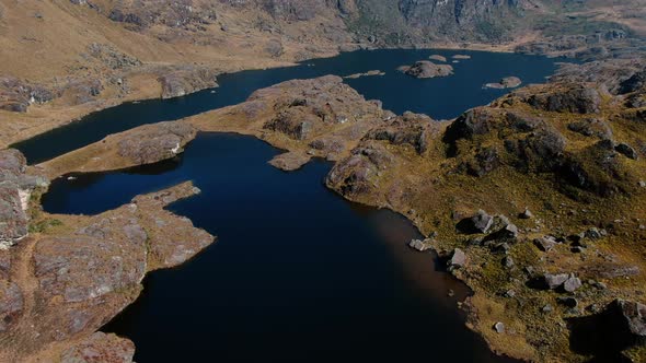 4k aerial drone footage over the 4th and 5th lagoon of Pichgacocha from Ambo,  Huanuco, Peru in the