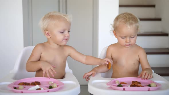 Twin Toddlers Share Their Food at Lunchtime