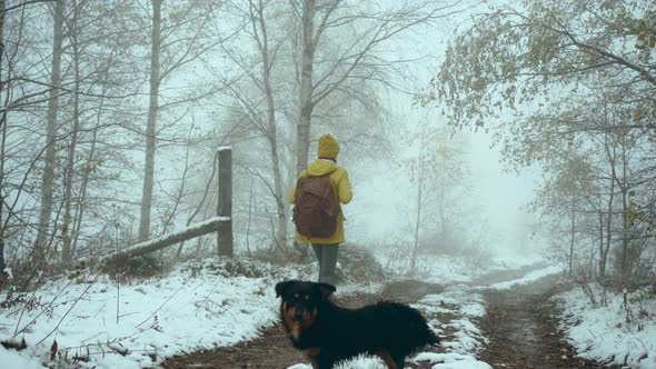 Hiking Woman with Backpack Walking with Dog By Trail in Winter Foggy Forest Covered Snow