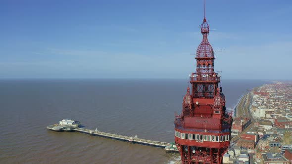 Stunning aerial view of Blackpool Tower by the award winning Blackpool beach, A very popular seaside