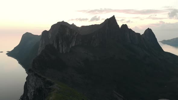 Mountain range at sunrise from an aerial view in Senja, Norway