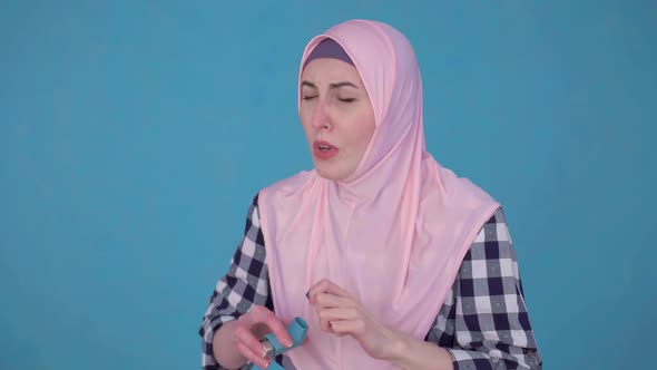 Young Muslim Woman Hijab Asthma Attackuses Spray