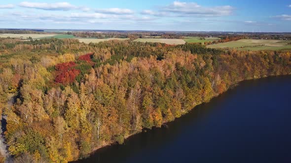 Small lake surrounded by trees. Aerial shot. Autumn colors. Bright, sunny day. Pan shot. Poland.