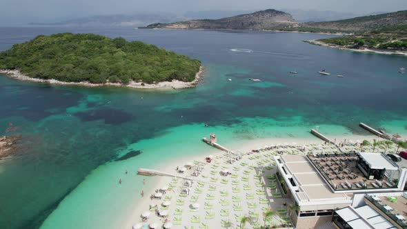 Aerial View Exotic Beach with Turquoise Water in Albania Ksamil Islands