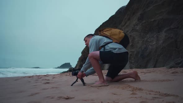 Hipster Traveler Photographer Takes a Photo Beautiful Atlantic