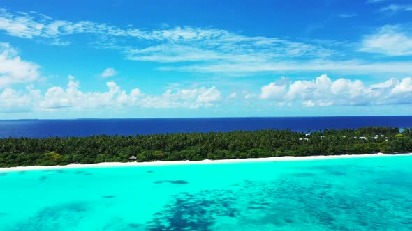 Aerial drone view sky of luxury resort beach wildlife by shallow water and white sand background of 