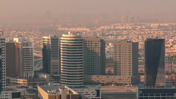 Dubai's Business Bay Towers at Morning Aerial Timelapse