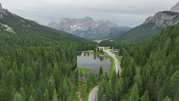 Lake of Misurina, aerial view of Dolomites