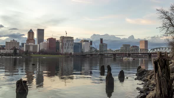 Spectacular Day to Night Timelapse of Downtown Portland Oregon from The Shore of Willamette River