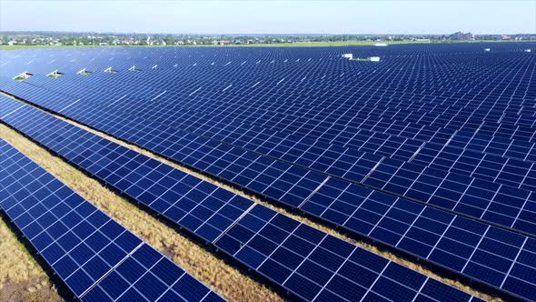 Aerial Drone View Flight Over Solar Power Station Panels