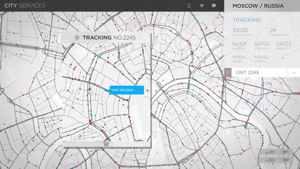 Futuristic tracking system has detected the location of the target on a city map alt