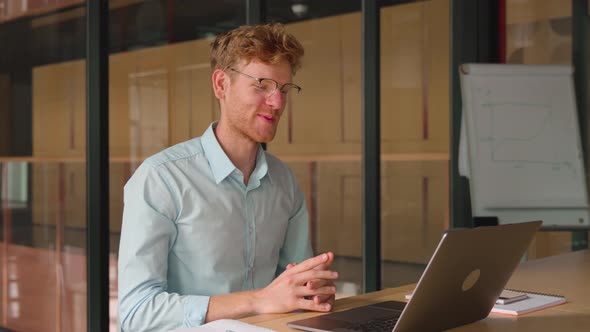 Smiling Confident Man Share News and Ideas Discuss Business Plan Via Laptop