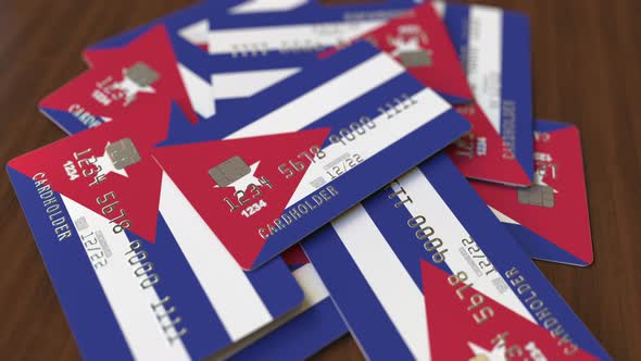 Pile of Credit Cards with Flag of Cuba