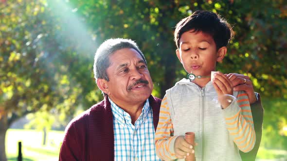 Grandfather and grandson blowing bubbles