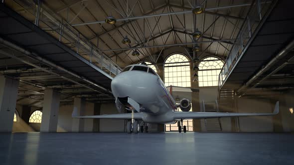 Timelapse of a private jet in the loft warehouse. Shiny, white civil aircraft.