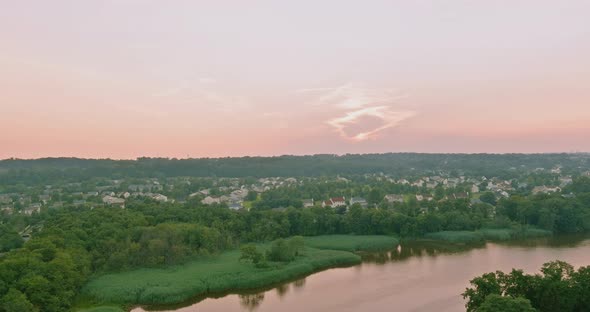 Panorama From the Height of a American Small Town in Countryside of View at Sunset the Roofs