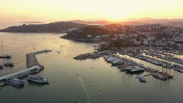 Picturesque Sunset Scene of Bodrum Town and Boats at Harbor