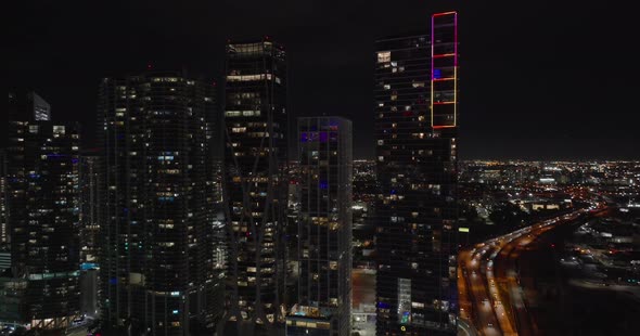 Night 5k Aerial Drone Video Downtown Miami Fl Highrise Towers With Neon Accent Lights