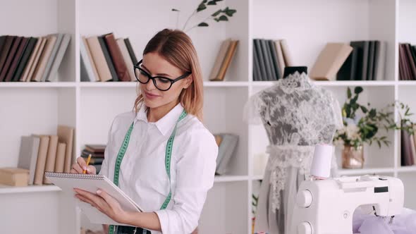 Woman Tailor with a Measuring Tape Is Drawing a Sketch