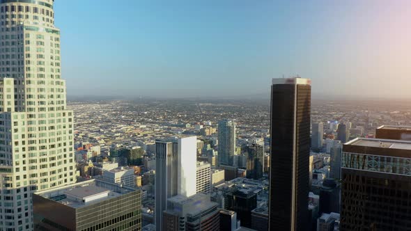 Cinematic urban aerial time lapse of downtown Los Angeles skyline.