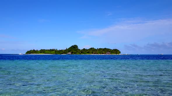 Drone seascape of exotic lagoon beach by blue ocean with sand background