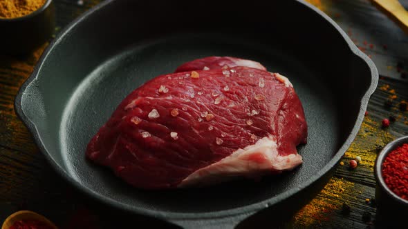 Meat with Spices on Skillet