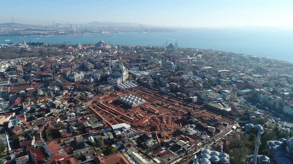 Grand Bazaar Roofs And Bosphorus Istanbul Aerial View