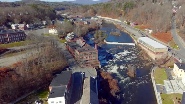 Flying over the Black River in Springfield Vermont