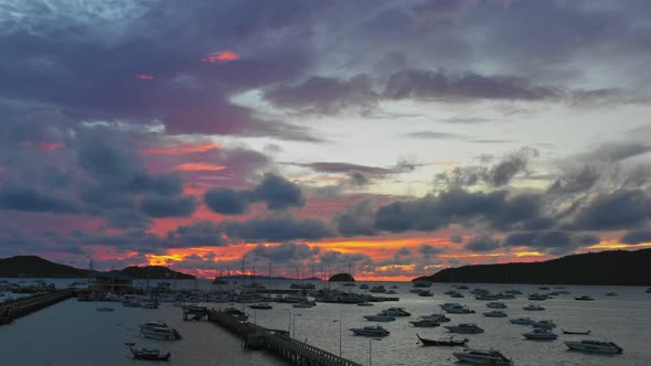 Aerial View  Scenery Red Sky In Sunrise Above Chalong Pier.