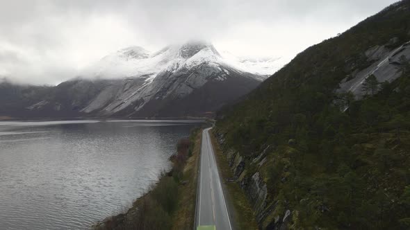 Most scenic Arctic road in Norway - dramatic view of Stetind mountain; aerial