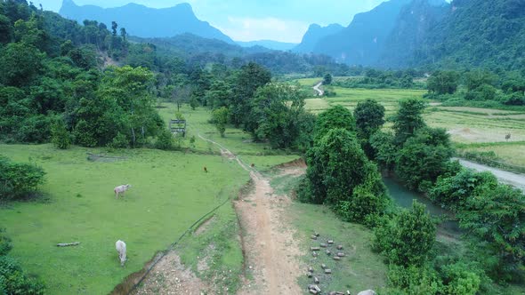 Landscape around the city of Vang Vieng in Laos seen from the sky