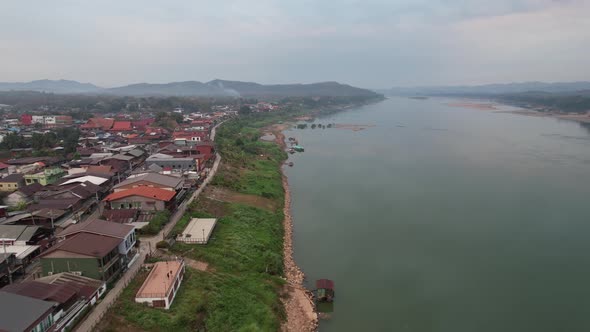 Aerial view of rural city by the Mekong river by drone