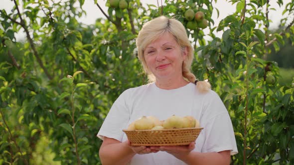 Portrait female farmer holding basket onion in hands outdoors. Closeup senior 60s woman