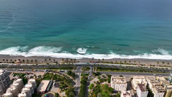 Traffic on the Beach aerial view 4 K Turkey Alanya