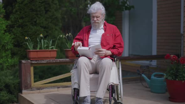 Portrait of Senior Disabled Intelligent Man in Wheelchair Reading Book on Sunny Day Outdoors