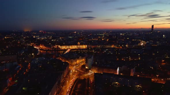 Wroclaw City at Night Aerial View