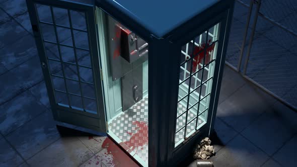 Scary, dark animation of an opened phone booth with blood inside. Crime scene 4k