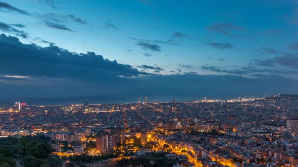 Panorama of Barcelona Night To Day Timelapse Spain Viewed From the Bunkers of Carmel