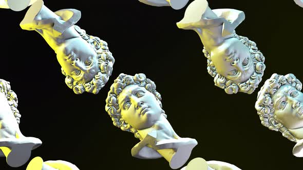 Creative animation of the antique david statue flying in the virtual background