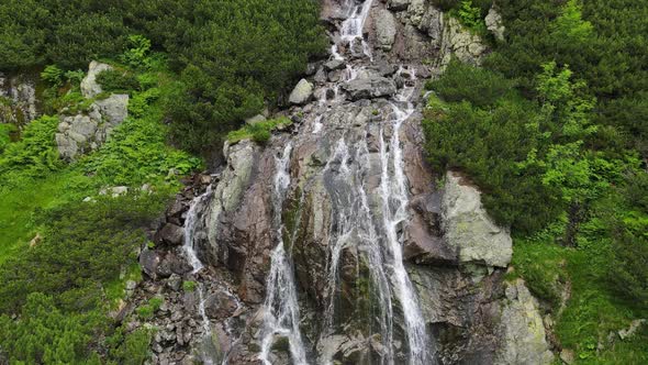 Aerial view of a waterfall in the High Tatras National Park in Slovakia