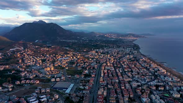 Drone View Alanya City Sunset