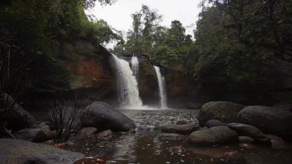 slow-motion of Haew Suwat Waterfall in Khao Yai National Park, Thailand