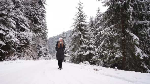 A Lonely Girl Walks on a Snowy Road in the Middle of Christmas Trees