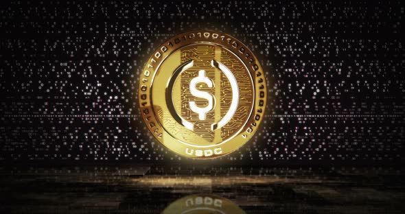 USDC USD Coin stablecoin cryptocurrency golden coin loop on digital screen